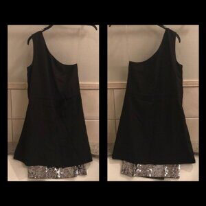 New Hugo Boss one shoulder asymmetric sequin layered peekaboo underlay minidress